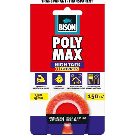 BISON Montage Tape Poly Max High Tack Express, 1.5m x 19mm, Transparant