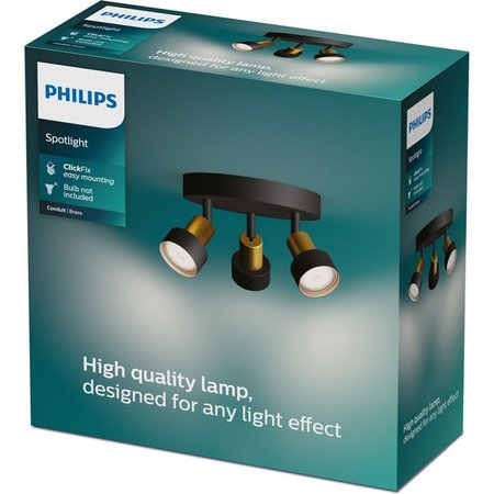 PHILIPS Conduit Plafond-/Wandspots Rond - 3 Lichtpunten - Zwart en Goudkleurig - GU10 LED